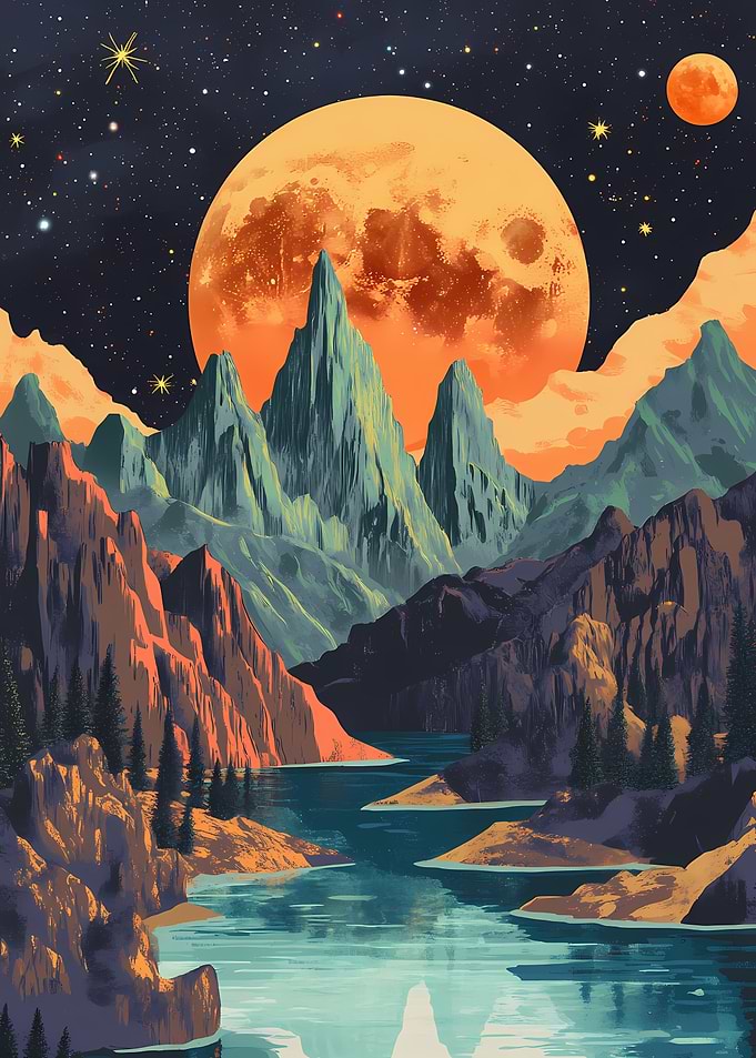 Mountain Landscape with Giant Moon