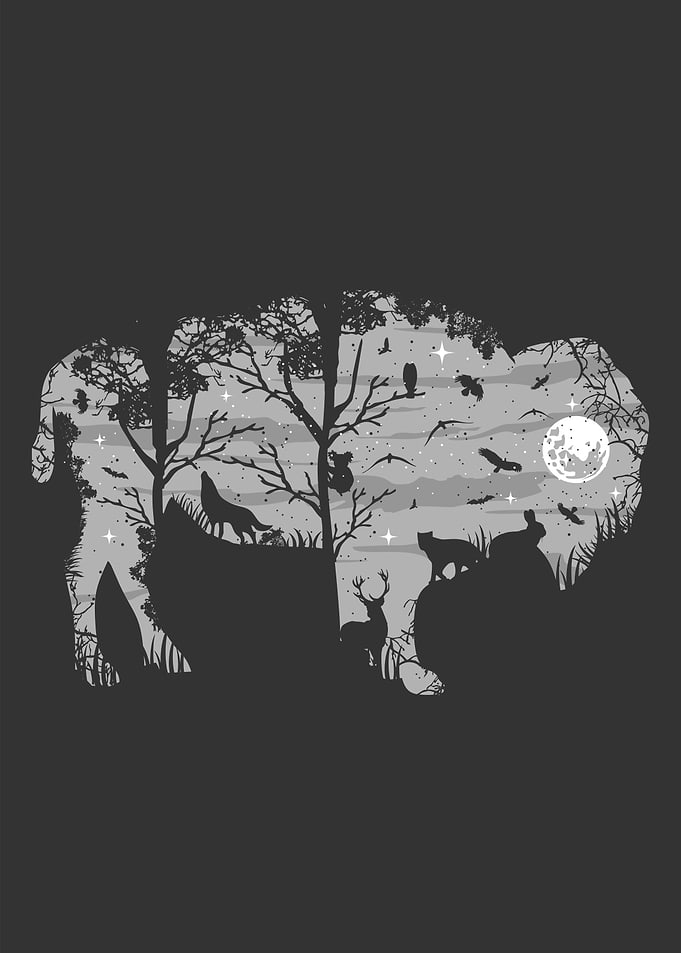 Forest Bison Silhouette, American Buffalo Bison Poster - PRINTABLE FILE. Buffalo Silhouette. Wild Animal Print. Forest Print. Modern Minimal Monochrome Décor