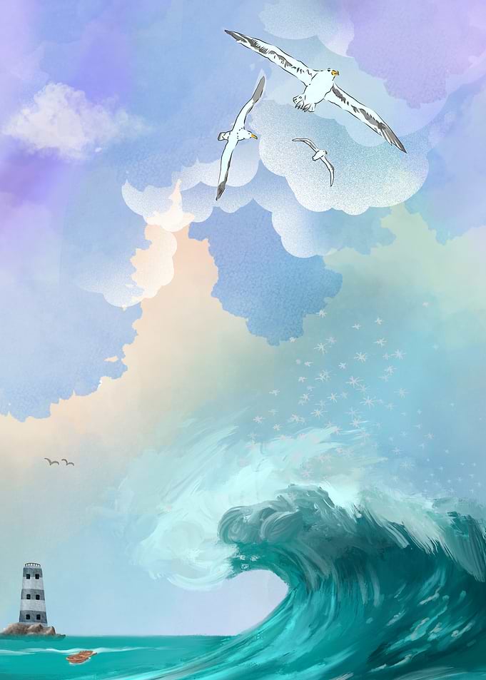 Seagull Flight and Ocean Wave