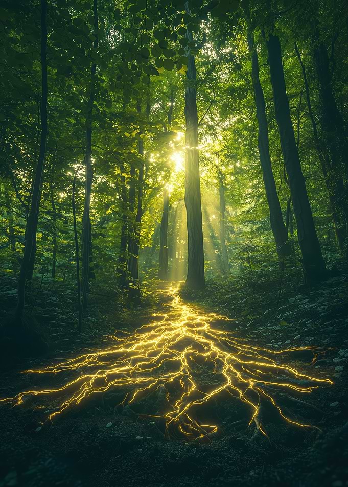Glowing Root Path in Forest