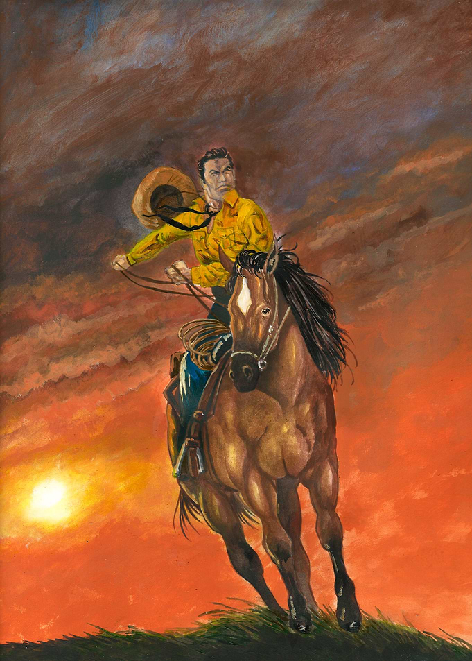Cowboy Riding at Sunset