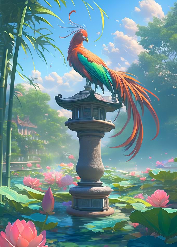 Phoenix on Stone Lantern