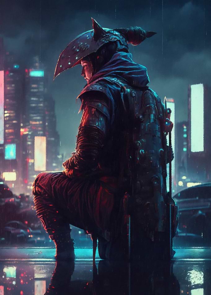 Cyberpunk Warrior in Rain