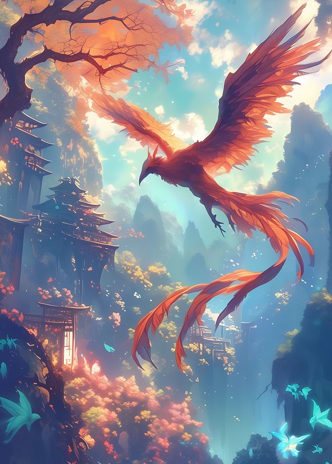 Phoenix Soaring Over Temple