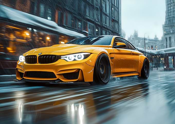 Yellow BMW M4 in the Rain