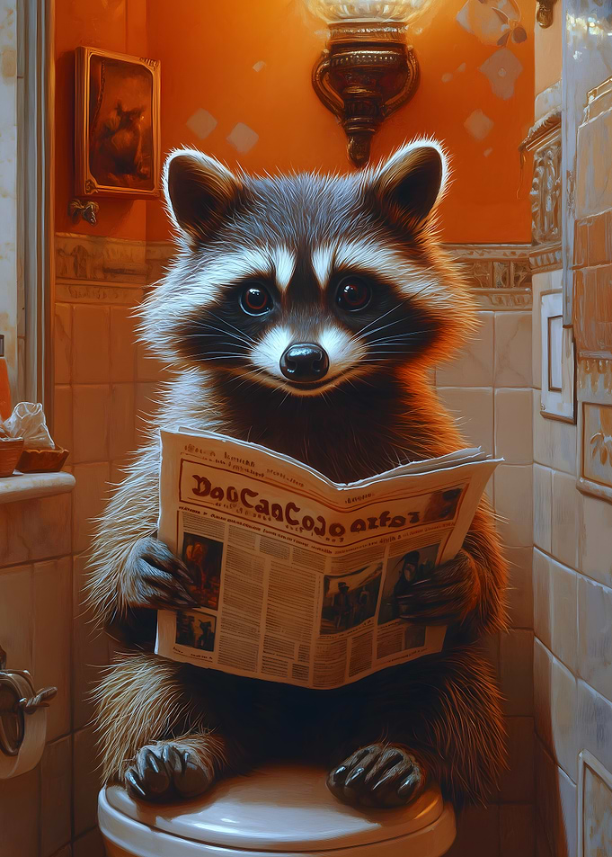 Raccoon Reading Newspaper Toilet Funny