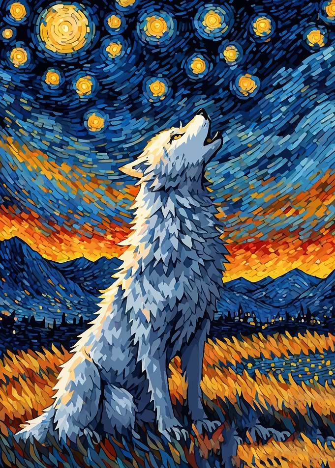 Wolf Howling at the Starry Night