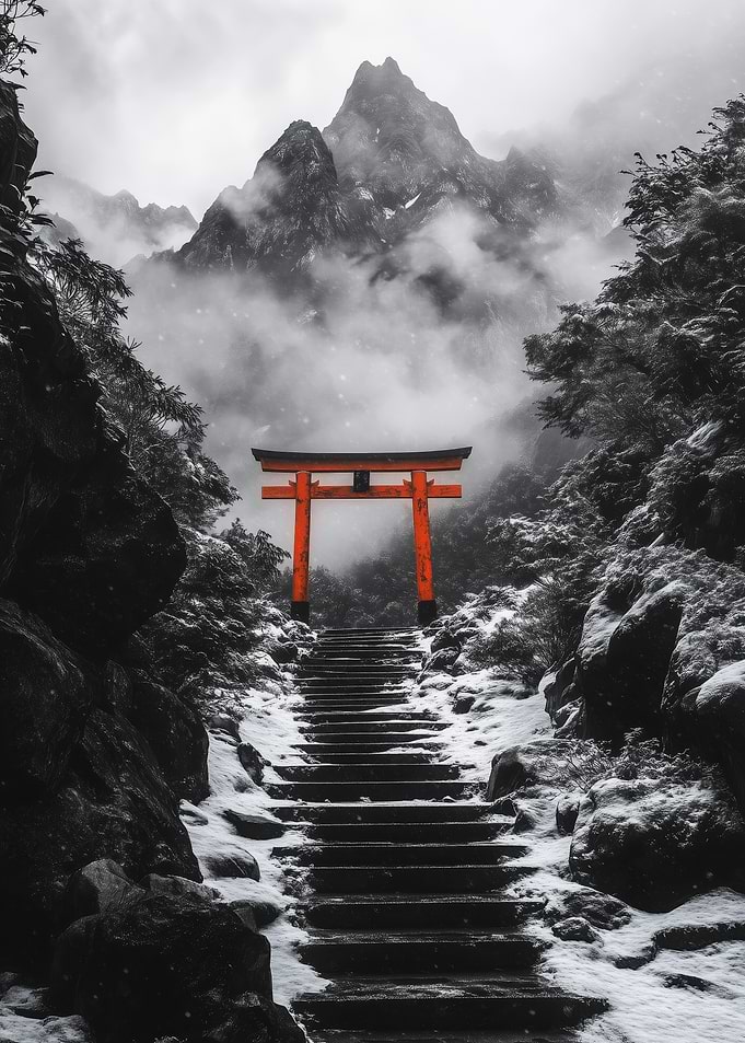 Torii Gate in Snowy Mountains
