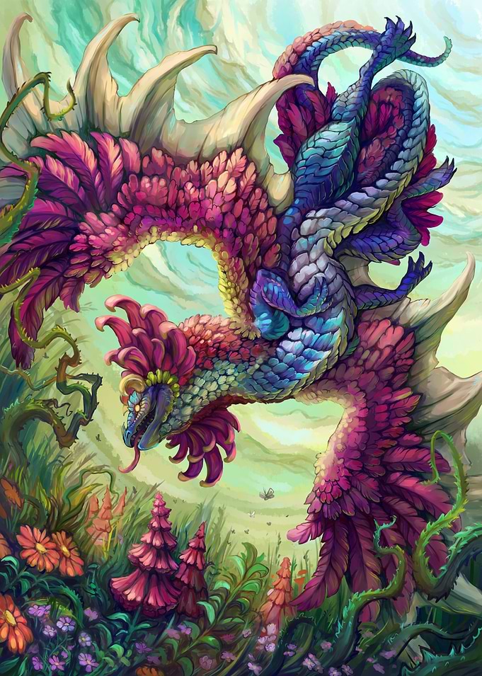 Magic fuchsia floral blue hummingbird dragon