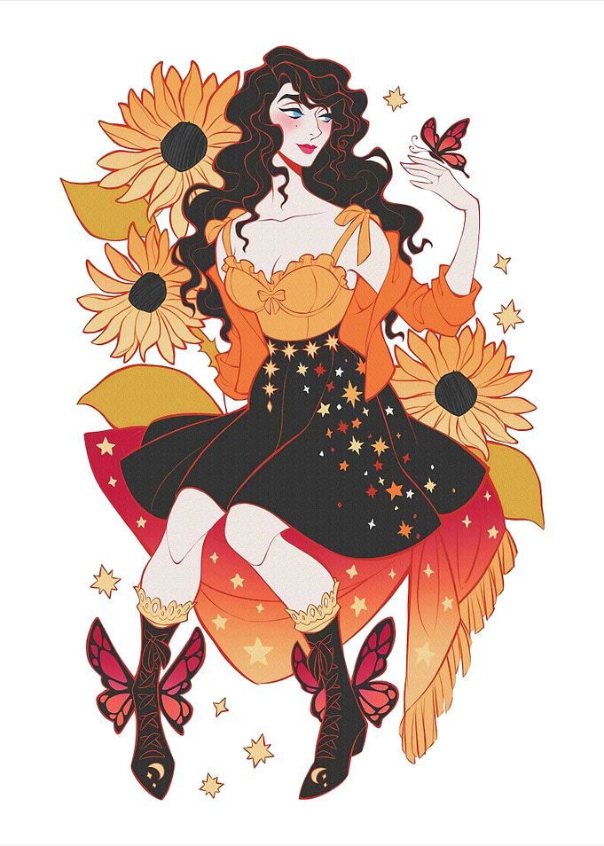 Girl with Sunflowers and Butterflies