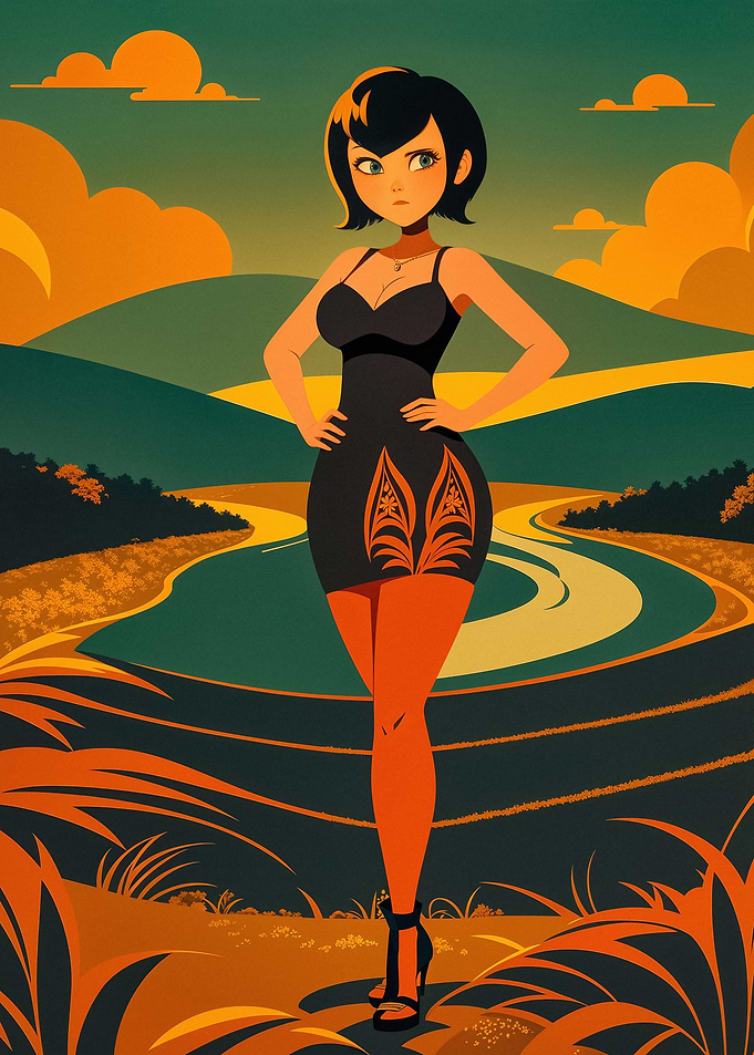 Mavis in a black dress