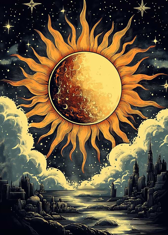 Sun and Moon Over City