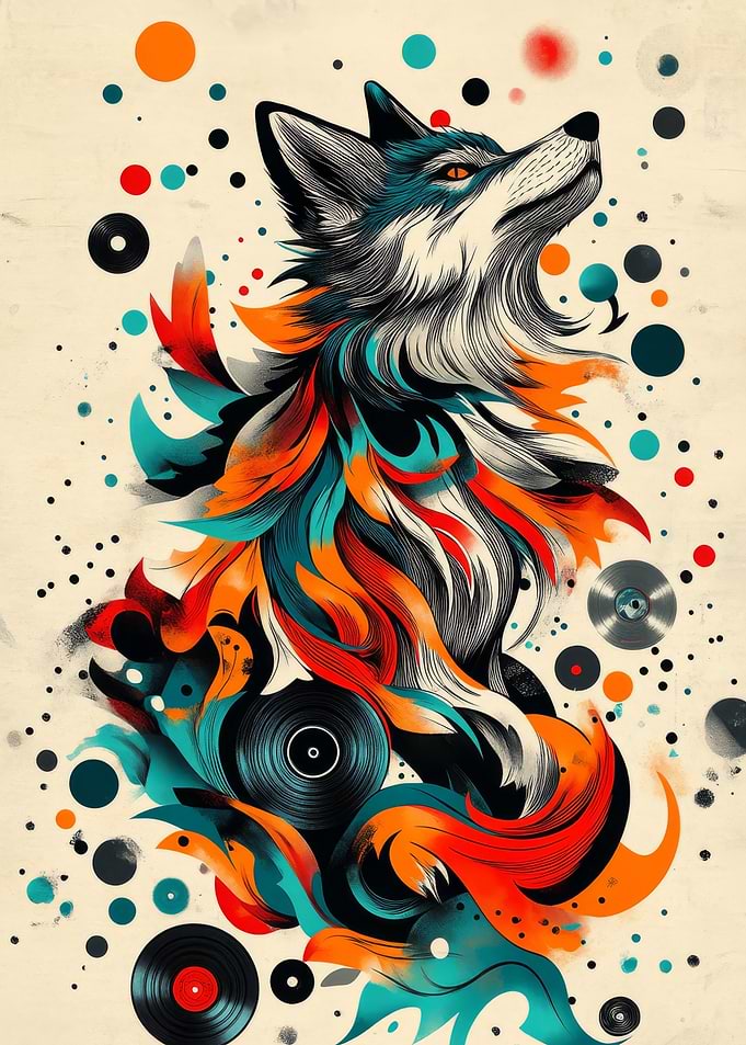 Wolf with Vinyl Records | Mystical Wolf Wall Art | Perfect Gift for Wildlife and Fantasy Fans