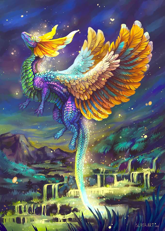 Magical golden firefly dragon in glowing pool