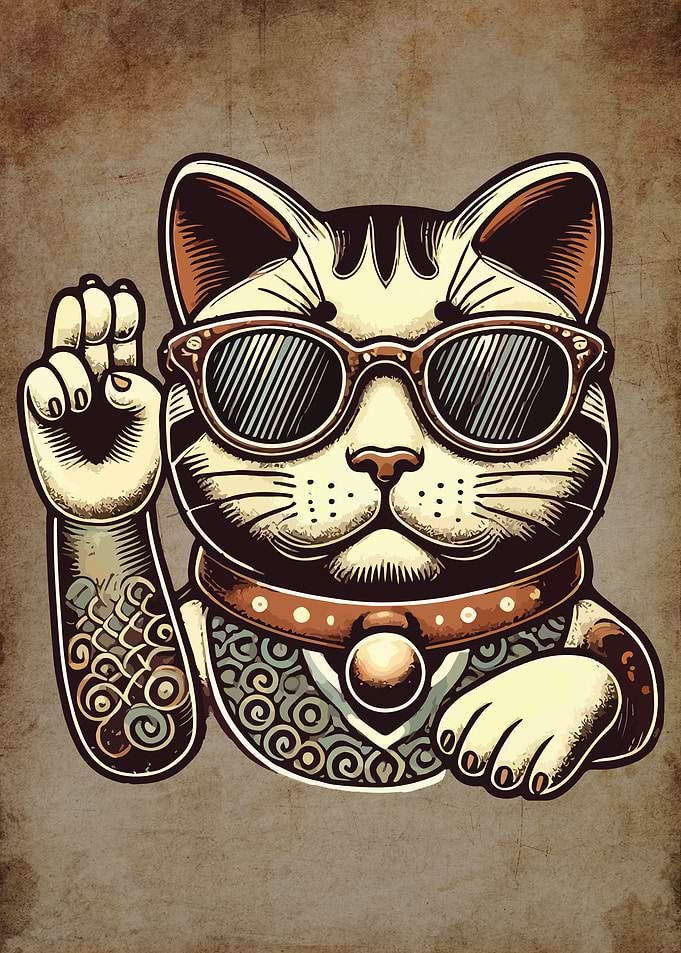 Cool Maneki Neko, Stylish Lucky Cat With Tatoos