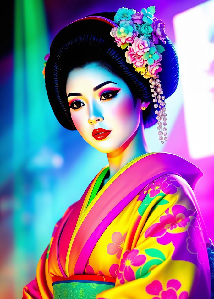 Gorgeous Geisha in Vibrant Neon Lights