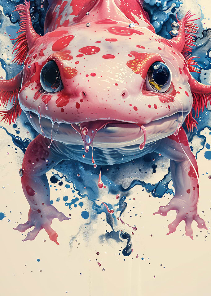 Pink Axolotl with Blue Splashes