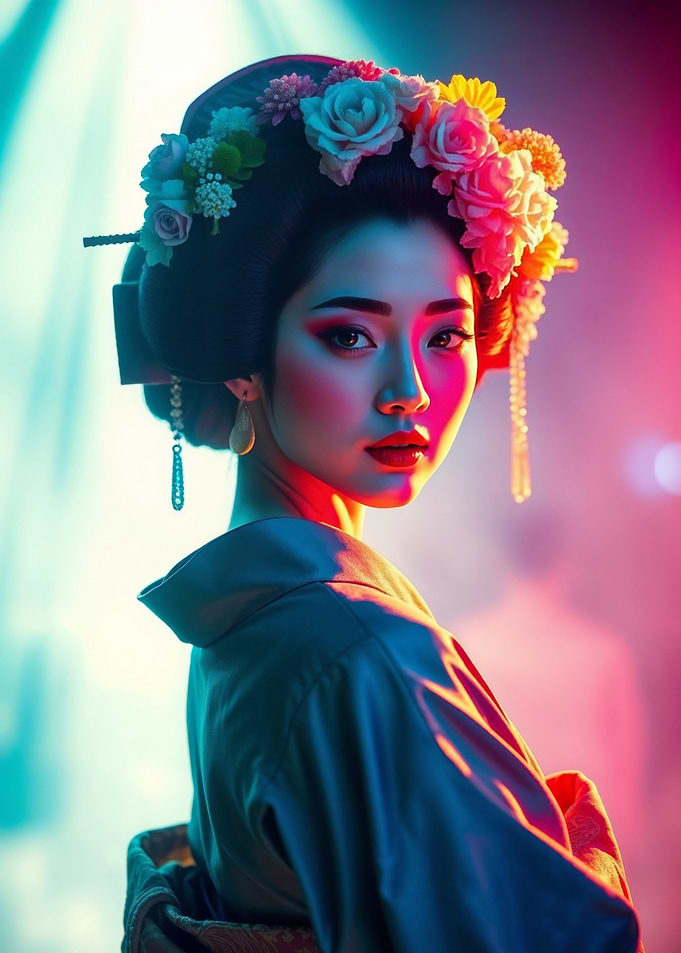 Pretty Geisha in Soft Neon Lights