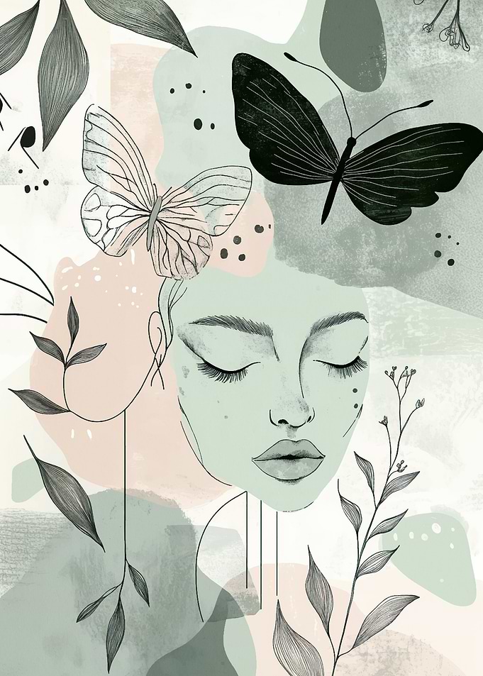 Woman with Butterflies and Flowers