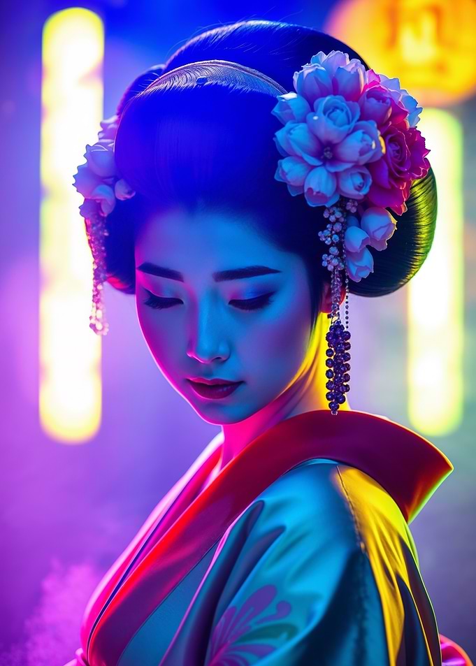 Beautiful Geisha in Neon Lights