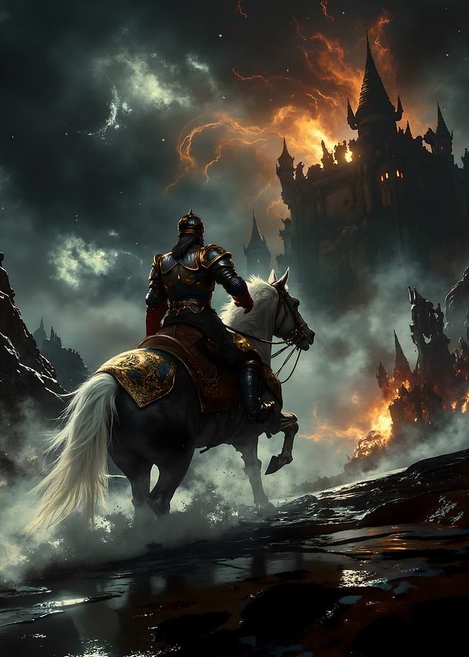 Knight Riding Towards Burning Castle