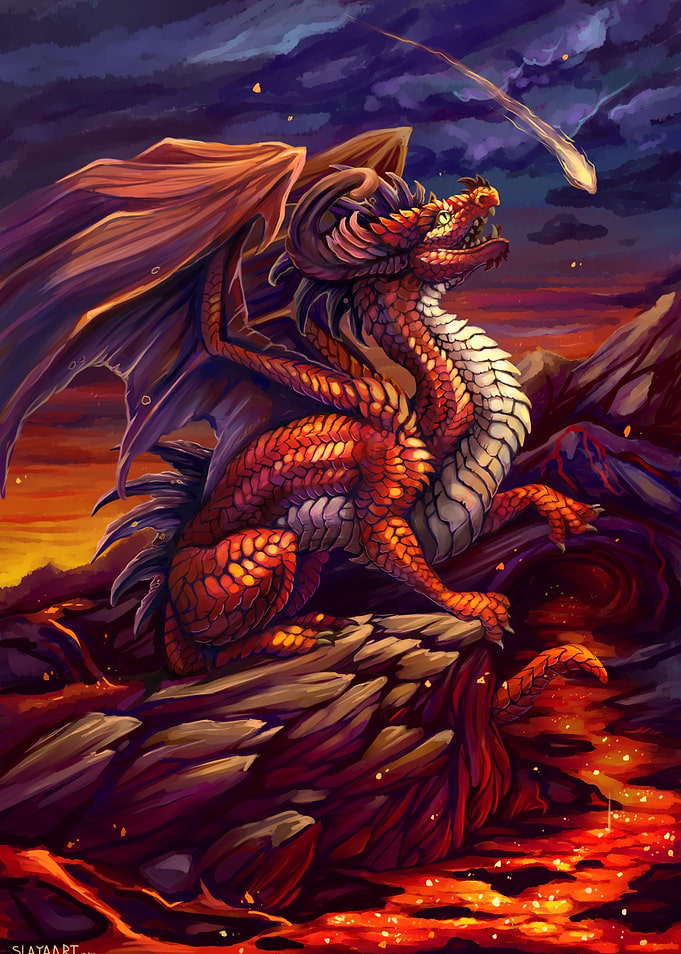 Fire red lava dragon with shooting star