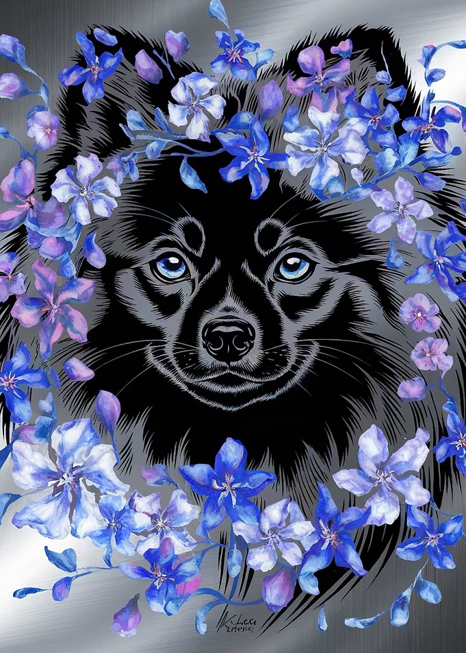 Black Dog with Flowers