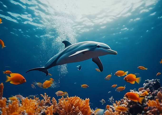 Dolphin Swimming in Coral Reef