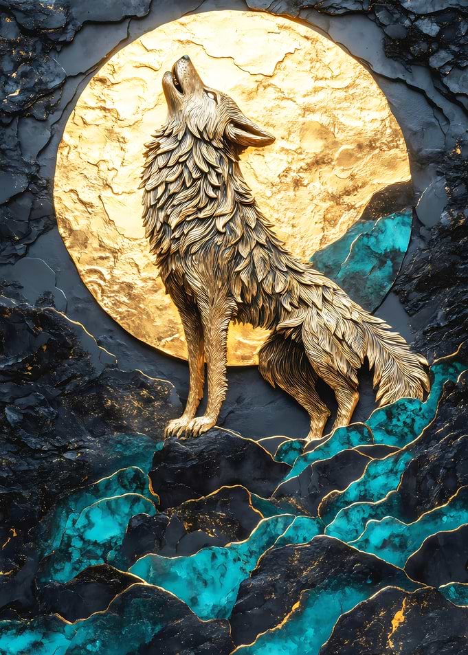 Golden Wolf Howling at Moon