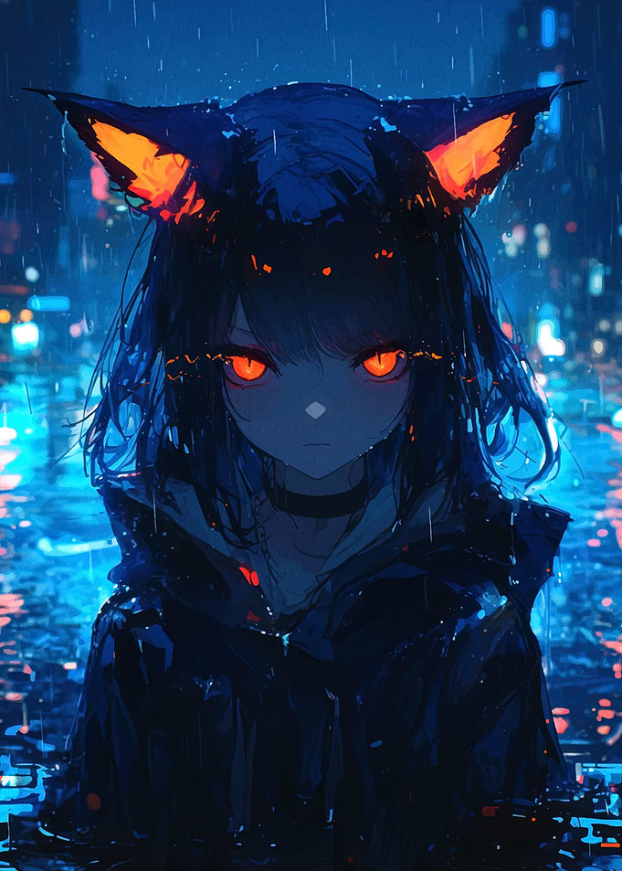 Anime Girl with Cat Ears in Rain