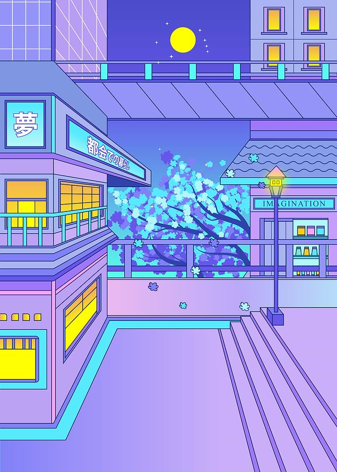 Neon Cityscape with Cherry Blossoms