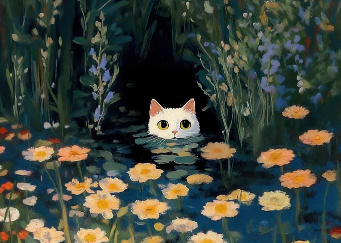White Cat in Water Lilies