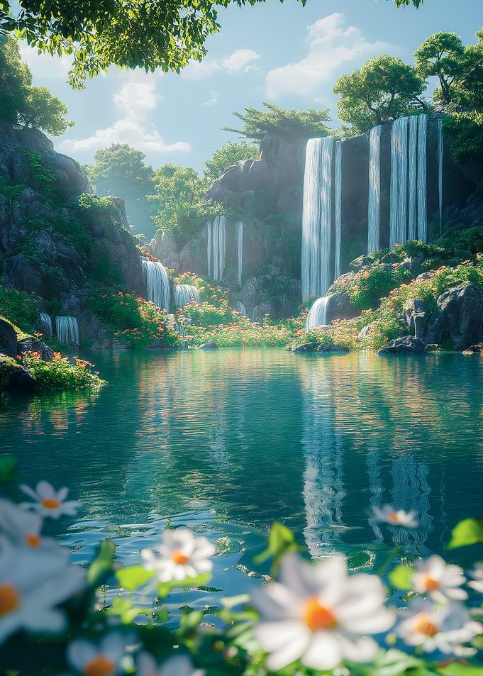 Floral Serene Waterfall Landscape