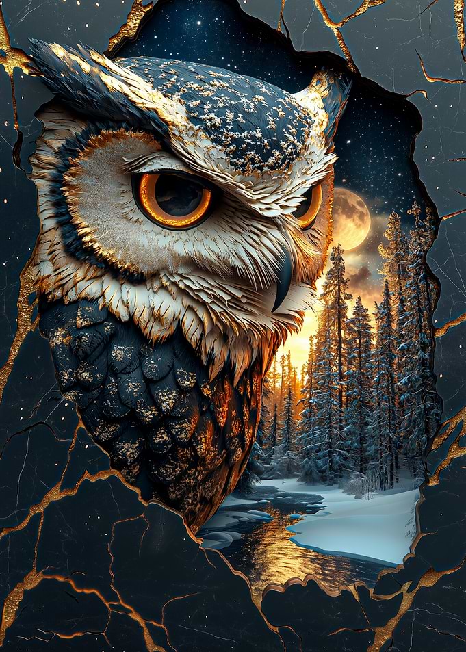 Golden Owl in Winter Forest