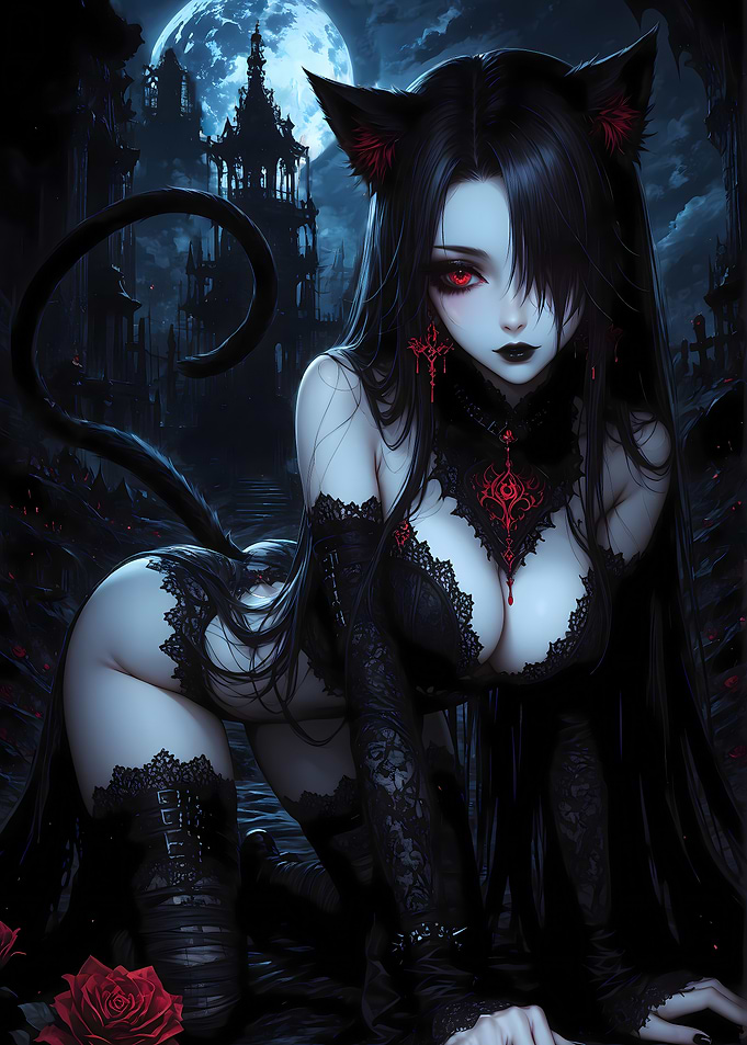 Black Cat Girl in Gothic Setting