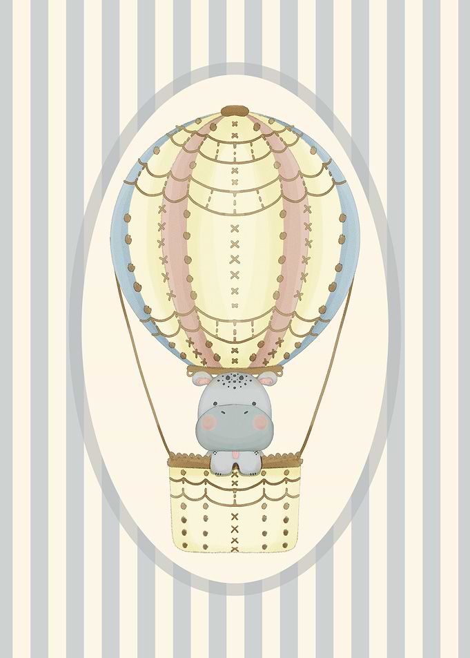 Hippo in Hot Air Balloon Nursery Wall Poster