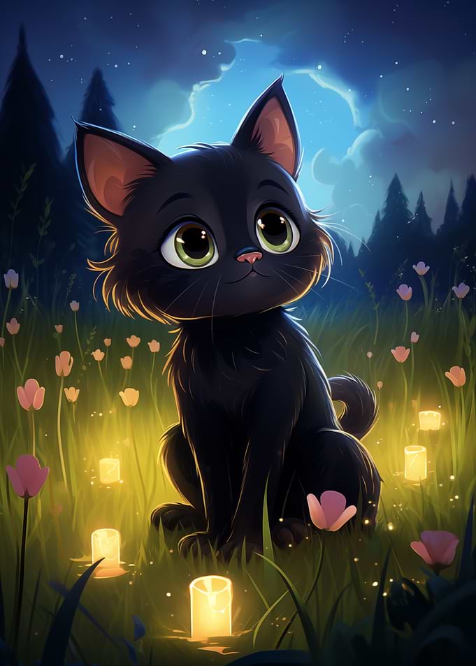 Illustrated Black Cat in Moonlight