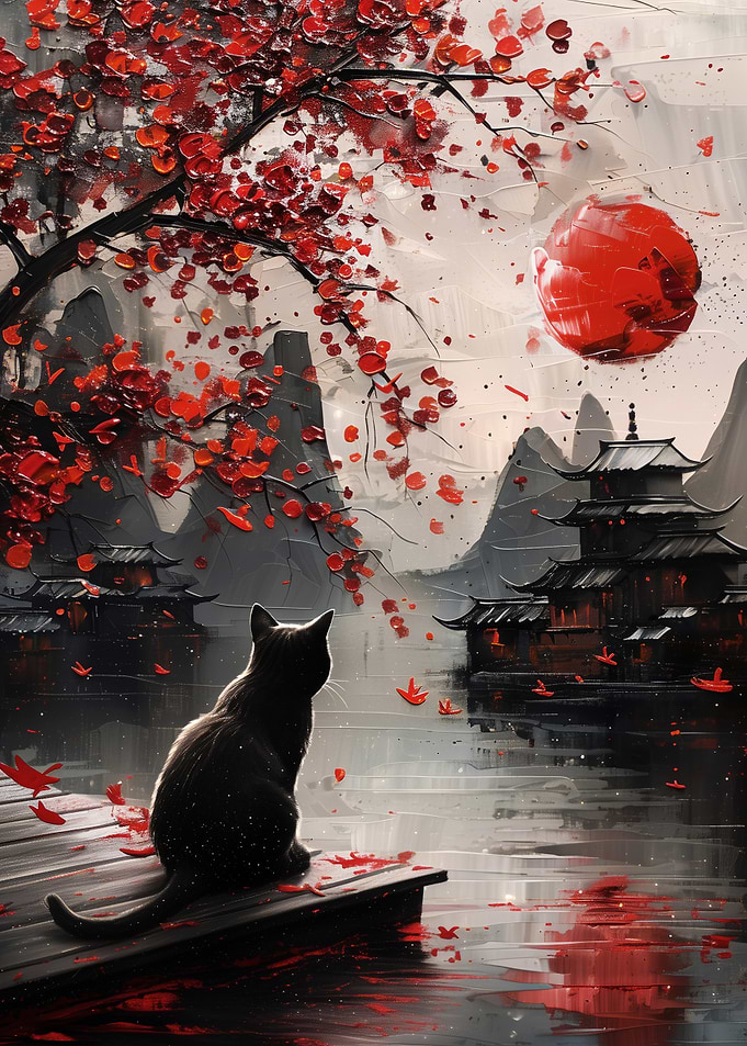 Abstract feline under mountain moon