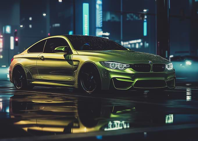 Green BMW M4 in night city