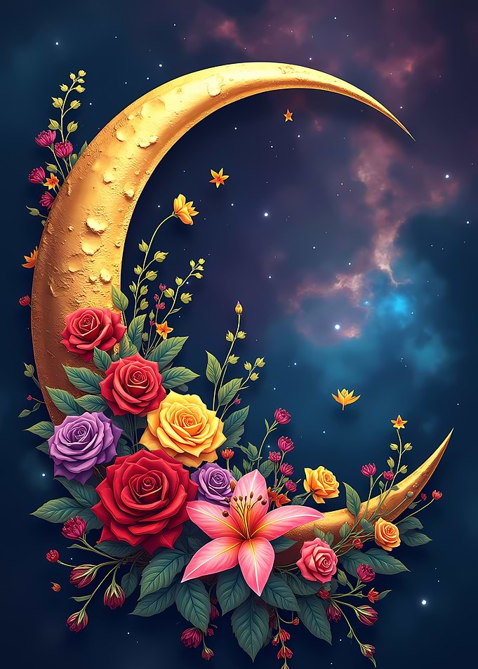 Golden Crescent Moon with Flowers