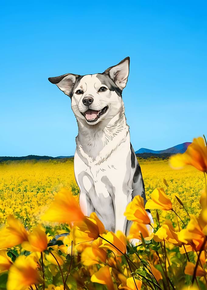 Smiling Dog in Flower Field