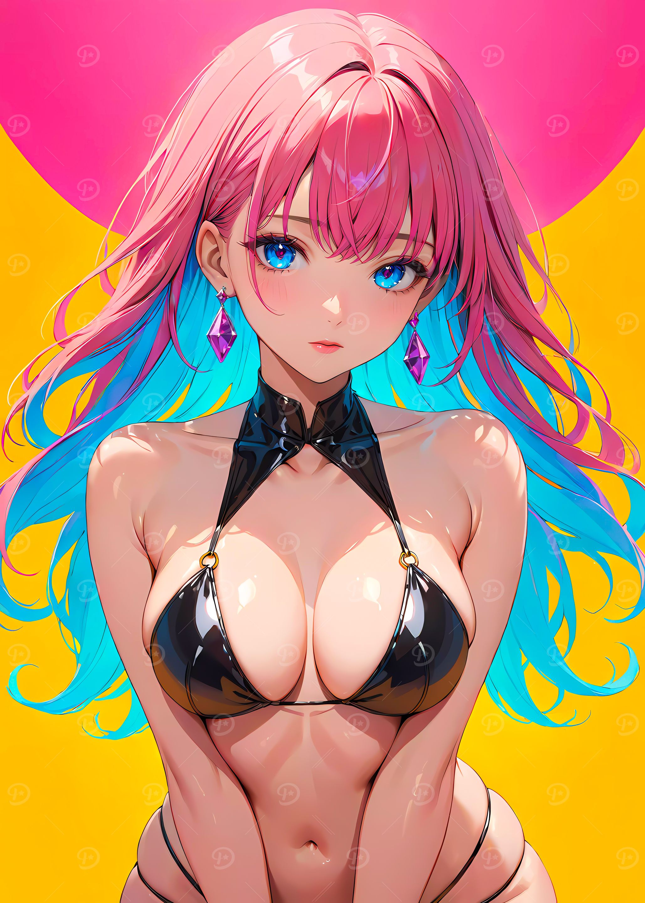 Sexy Anime Girl in Bikini on Yellow Background