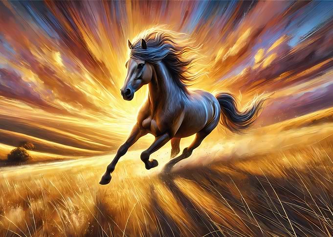 Horse Running Through Sunset