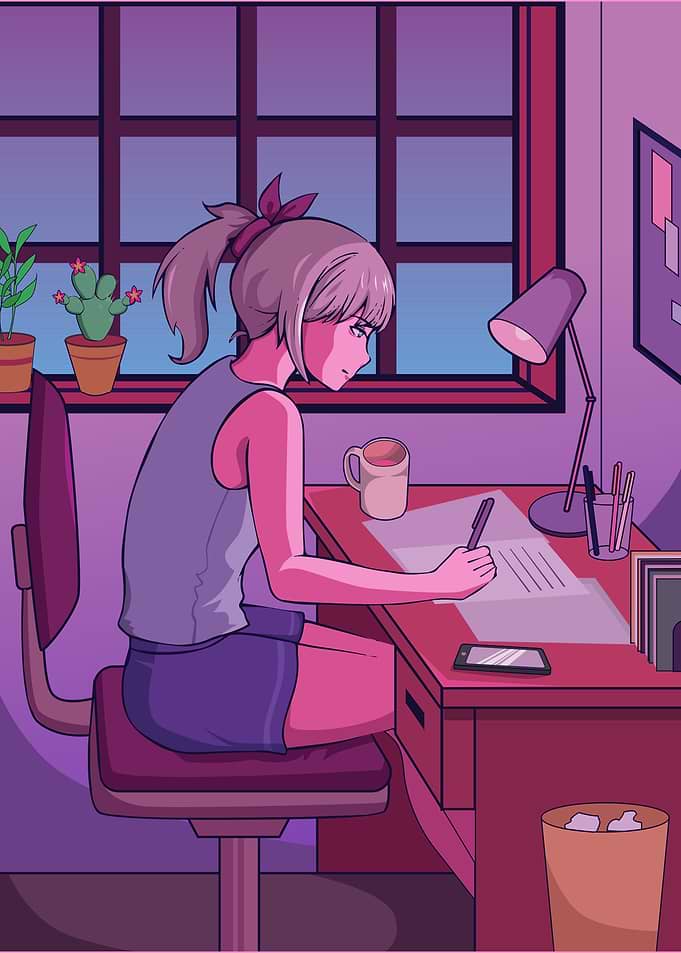 Anime Girl Writing at Desk