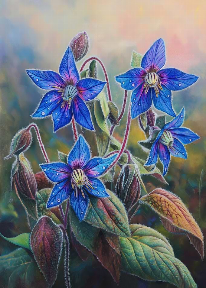 Blue Borage Flowers with Dew Drops
