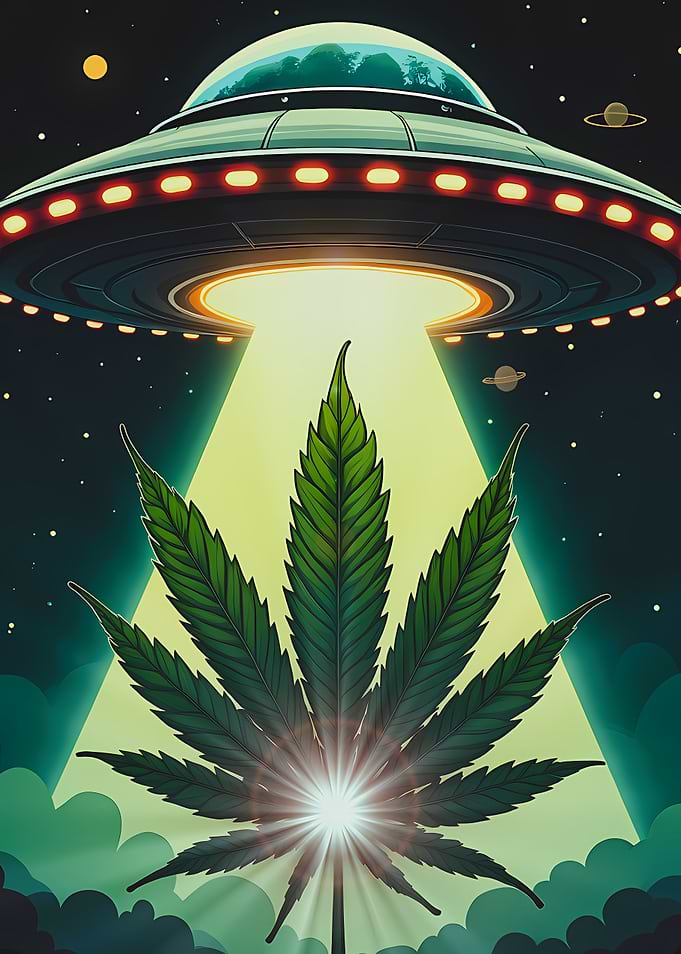 UFO Harvest: Aliens Abducting Marijuana Leaf
