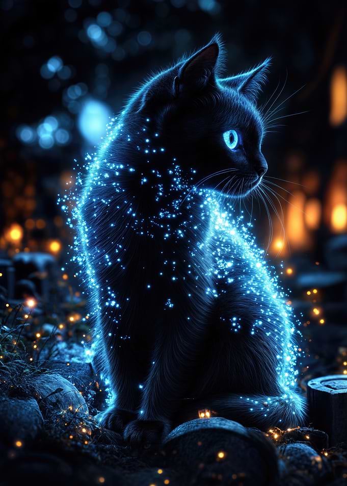 Black Cat with Blue Glowing Fur