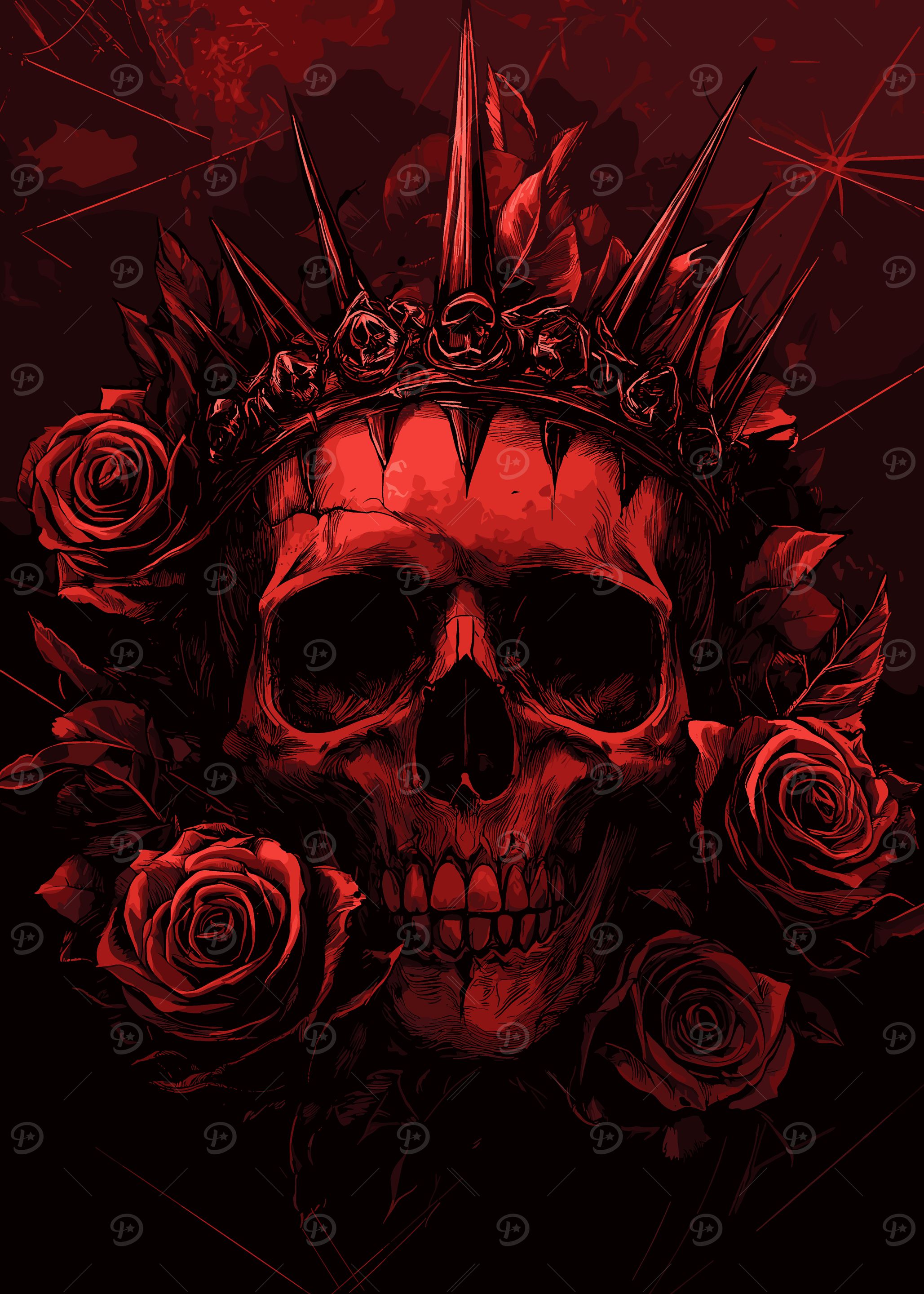 Red Skull with Crown and Roses