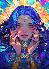 Blue-Haired Woman with Gemstone Jewelry