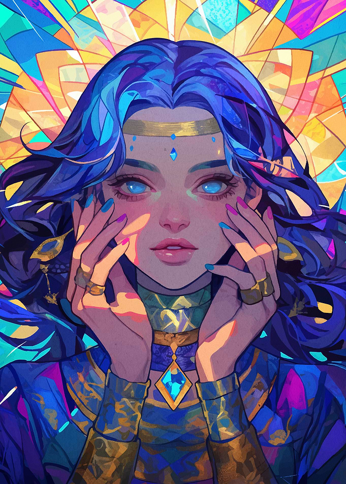 Blue-Haired Woman with Gemstone Jewelry